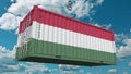 Loading container with flag of Hungary. Hungarian import or export related conceptual 3D rendering