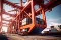 Loading a container ship at cargo berth of the seaport using port cranes. Containers are stacked and secured on board Royalty Free Stock Photo