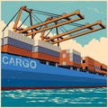 Loading containers by port cranes in retro poster style