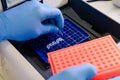 Loading a DNA tube into a PCR polymerase chain reaction thermocycler machine in a bioscience laboratory. Concept of science,