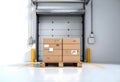 A loading dock area featuring a gray sectional garage door, with a wooden pallet in front