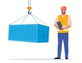 Loading freight container by crane. Man engineer. Construction Worker in uniform and orange protective helmet, holding clipboard