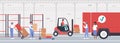 Loading goods in warehouse vector illustration, cartoon flat worker people load stack of boxes, packages or containers