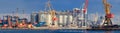 Loading grain to the ship in the port. Panoramic view Royalty Free Stock Photo