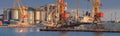 Loading grain to the ship in the port. Panoramic view Royalty Free Stock Photo