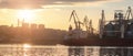 Panoramic view of the ship, cranes of the port Royalty Free Stock Photo