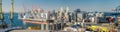 Loading grain to the ship in the port. Panoramic view Royalty Free Stock Photo