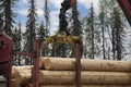 Loading logs onto a logging truck. Portable crane on a logging truck