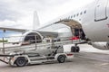 Loading of luggage to aircraft airport in the parking lot before departure. Royalty Free Stock Photo