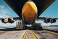 Loading process of a cargo plane at the airport.Cargo trolleys delivering cargo to the jet on the airfield. Global Royalty Free Stock Photo