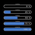 Loading process overview - blue loading bars with different progress arranged in block shape on black background