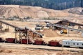 Loading sand into freight cars of a train in quarry. Sand Making Plant in open-pit mining. Crushing factory, machines and