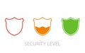 Loading security concept. Security levels icons with shields. From low to high level security. Vector