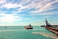 Loading terminal of coal products for cargo ships, bulkers and view of the cargo cranes loader.Australia?2018 Royalty Free Stock Photo