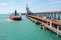 Loading terminal of coal products for cargo ships, bulkers and view of the cargo cranes loader.Australia?2018 Royalty Free Stock Photo