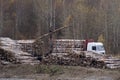 Loading of timber on railroad cars. Loader in work . Royalty Free Stock Photo