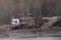 Loading of timber on railway carriages. Loader in work. Royalty Free Stock Photo