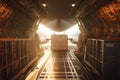 Loading transport aircraft in the hangar of cargo terminal. Inside view of the cargo hold of the aircraft during loading