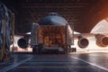 Loading transport aircraft in the hangar of cargo terminal. Inside view of the cargo hold of the aircraft during loading Royalty Free Stock Photo