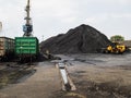 Loading unloading of coal in the port into freight trains using large port cranes Royalty Free Stock Photo