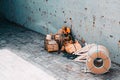 Loading and unloading process of steel coils in cargo port. Carry steel coils. View on procces into cargo hold. Copy space. Backgr Royalty Free Stock Photo