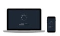 Loading update process in laptop and smartphone. Install new software, operating system support. System software upgrade