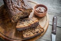 Loaf of banana-chocolate bread with chocolate cream