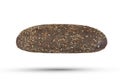 Loaf of black bread on a white isolated background. Loaf of black fresh bread with cannabis seeds. The concept of a