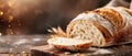 A loaf of bread atop a cutting board Nearby, a sliced piece with one bite missing Royalty Free Stock Photo