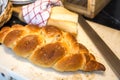 Loaf of Bread on Block with Knife Royalty Free Stock Photo