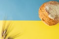 Loaf of bread and ears of wheat on a yellow and blue background Royalty Free Stock Photo