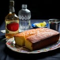 a loaf of bread on a plate with a bottle of liquor and a glass