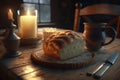 A loaf of bread is on the table, candles are burning. AI generative