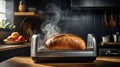 A loaf of bread toasting in a modern kitchen toaster, emitting steam Royalty Free Stock Photo