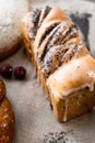 loaf of bread on wooden background, food closeup Royalty Free Stock Photo