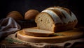 loaf of bread on wooden background, food closeup Royalty Free Stock Photo