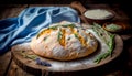 loaf of bread on wooden background, food closeup Royalty Free Stock Photo