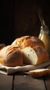 loaf of bread on wooden background, food closeup. 9:16. generative ai Royalty Free Stock Photo