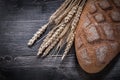 Loaf of crusty brown bread golden wheat rye ears on wood board