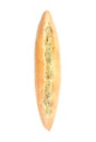 A loaf of french bread baguette stuffed with cheese and spices on white background Royalty Free Stock Photo