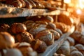 Loaf of fresh baked bread on a shelf. Loaves of bread market showcase. Generative AI Royalty Free Stock Photo