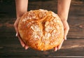 Loaf of fresh made white bread in woman hands on wooden table background Royalty Free Stock Photo