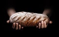 A loaf of freshly baked bread in the hands of a baker