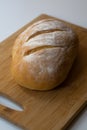 A loaf of homemade baked sourdough bread with three parallel cuts scoring