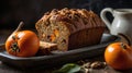 Homemade Persimmon Bread Loaf with Nuts and Spices on Rustic Dark Background Royalty Free Stock Photo