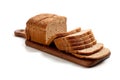 A loaf of sliced wheat bread on a cutting board