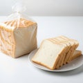 A loaf of sliced white bread in a plastic bag and a stack of slices on a plate isolated on white background Royalty Free Stock Photo