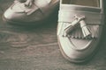 Loafers shoes retro style stand on the wooden floor.