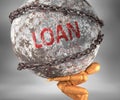 Loan and hardship in life - pictured by word Loan as a heavy weight on shoulders to symbolize Loan as a burden, 3d illustration