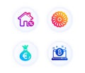 Loan house, Fan engine and Money bag icons set. Bitcoin sign. Discount percent, Ventilator, Euro currency. Vector Royalty Free Stock Photo